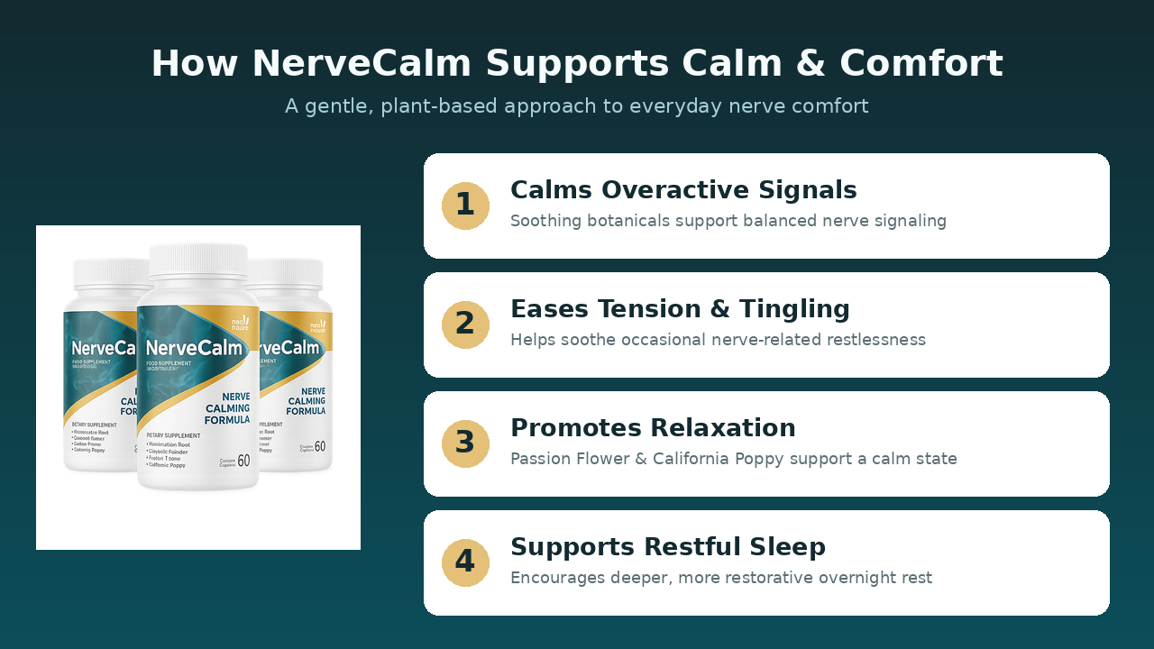 How NerveCalm works — supports calm nerve signaling, eases tension, promotes relaxation and restful sleep